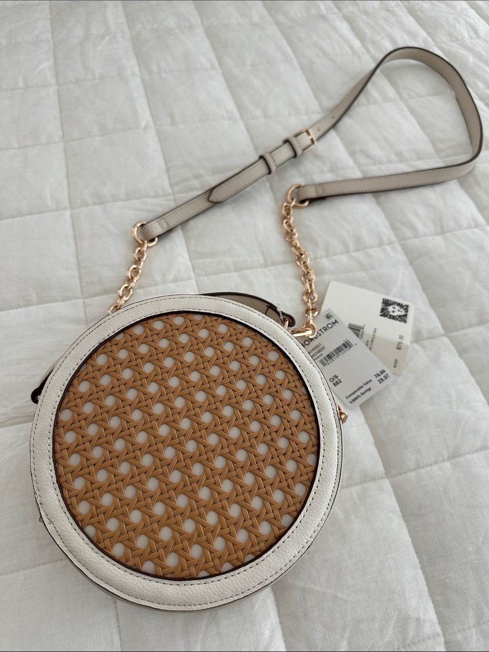 Anne Klein Round Woven Crossbody in Tan and White with Gold Chain